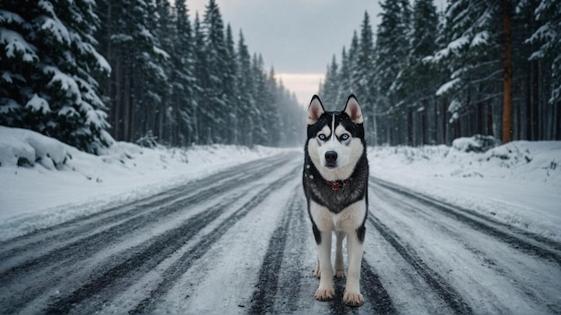 Siberische Husky op de winterweg