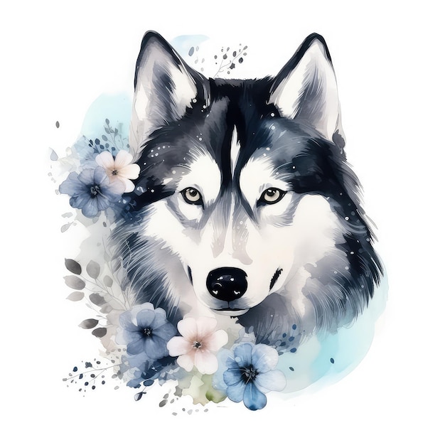 Siberische Husky portret kleine hond aquarel hand getekende illustratie generatieve Ai