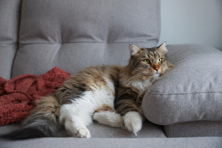 Siberische kat die heel bedachtzaam door het raam kijkt Luie dag thuis met een huisdier