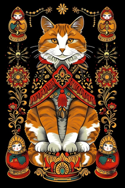 Foto siberische kat met zittende pose en draagt een babushka adorne frame art design illustratie design