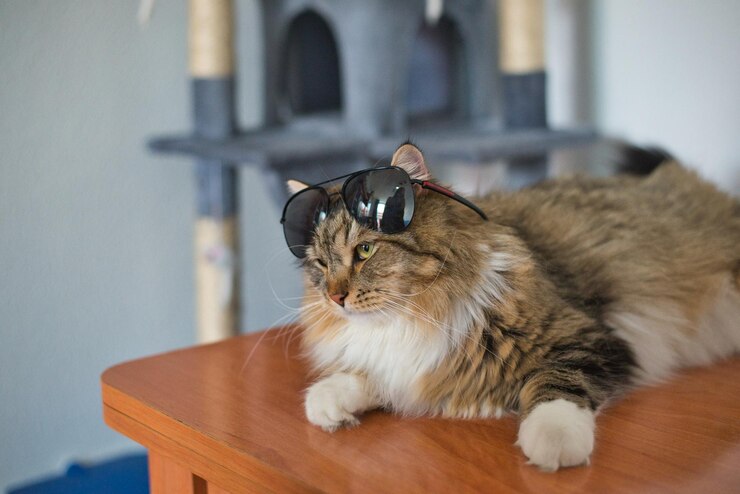 Siberische kat op tafel met zijn zonnebril op Hypoallergene kat Langharige kat