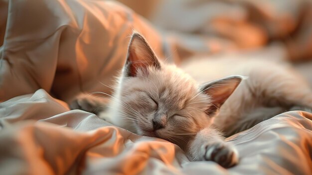 Siberische kitten slaapt in het ochtendlicht op het bed.