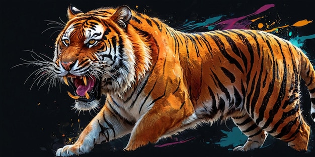 Siberische tijger Kleurrijke schilderij op zwarte achtergrond Digitale illustratie