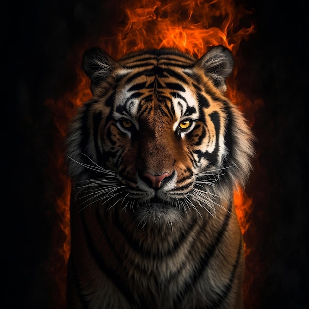 Siberische tijger op zwarte achtergrond met brandend effect Generatieve AI