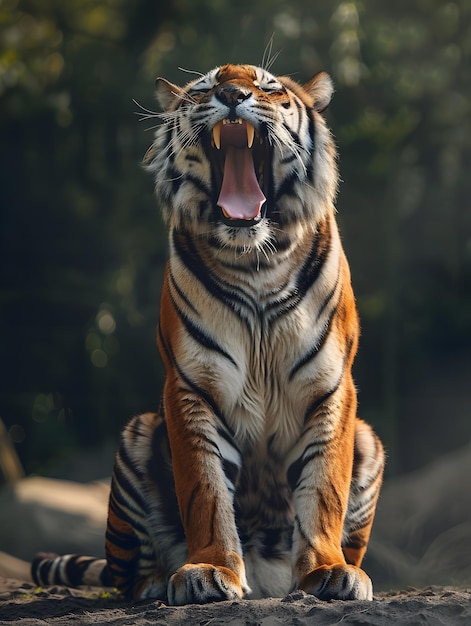 Siberische tijger zit op de grond in de jungle Panthera tigris altaica