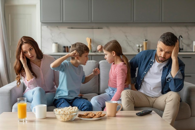 Sibling quarrel with parents feeling stressed home interior