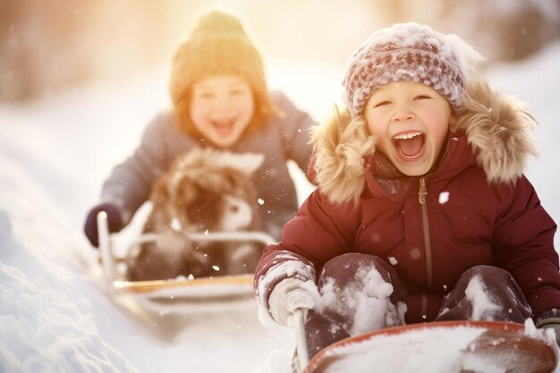 Photo sibling and sister go down hill on sled with cheerful shout