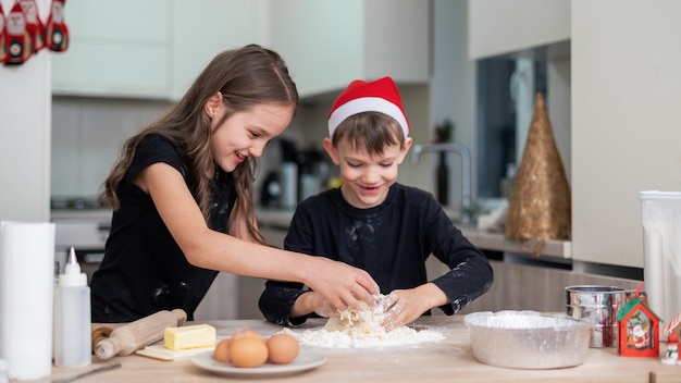 兄弟は台所で料理をしている、男の子はクリスマスの帽子をかぶっている。幸せな子供のアイデア