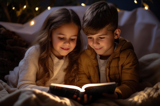 Siblings are sitting on the bed and reading a book