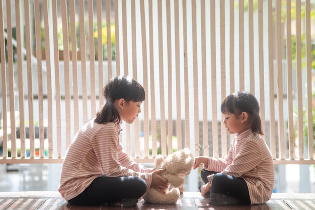 Siblings Asian girl playing with teddy bear