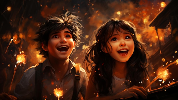 Siblings Bursting Firecrackers And Sparklers Background