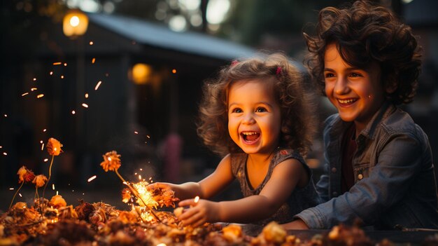 Photo siblings bursting firecrackers and sparklers background