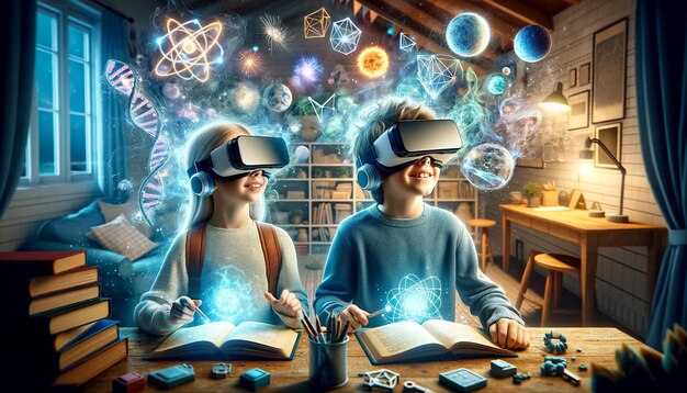 Foto i fratelli si imbarcano in una ricerca cosmica con l'apprendimento della realtà virtuale