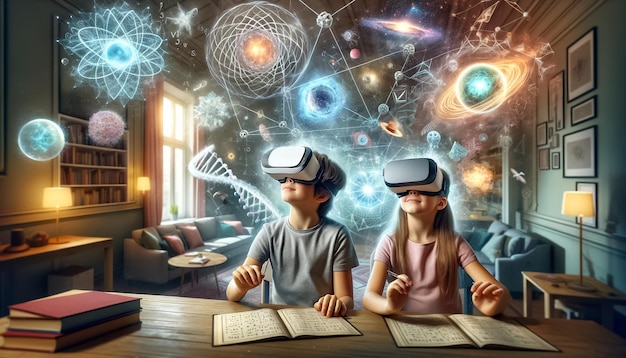 Foto i fratelli si imbarcano in una ricerca cosmica con l'apprendimento della realtà virtuale