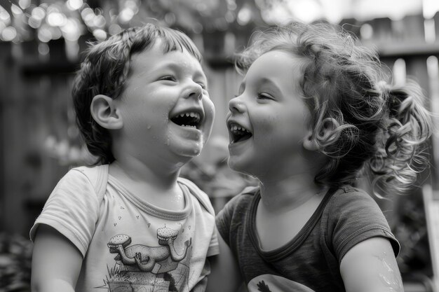 Siblings laughing joyfully while playing together