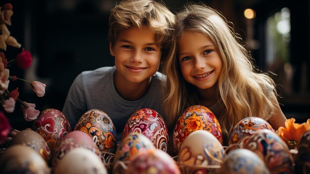 Siblings Painting Easter Eggs Vibrant Background