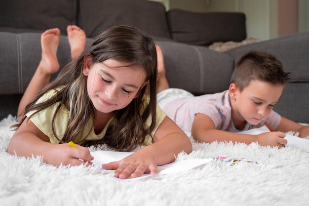 家で一緒に遊んでいる兄弟は、小さな男の子と女の子がカーペットの上に横たわり、カラフルなクレヨンで白い紙に絵を描いています