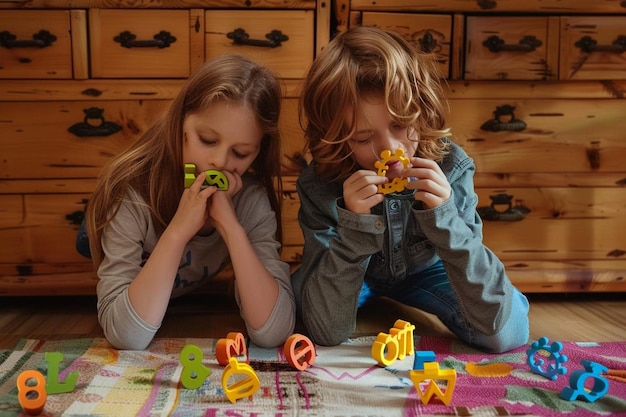 Photo siblings playing with brain teaser toys