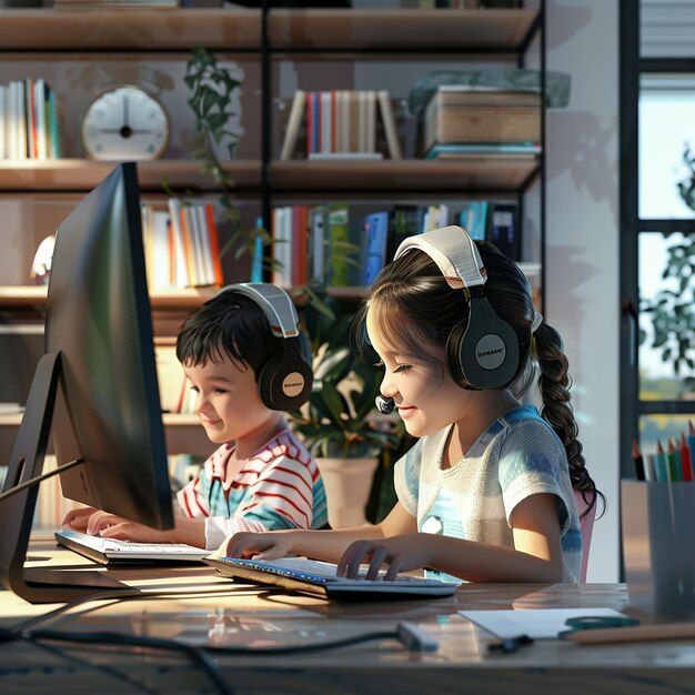 Photo siblings sharing desk in virtual learning