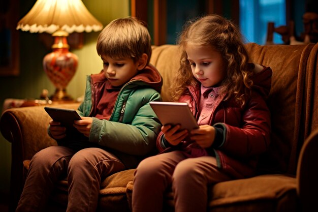 Siblings on the sofa with mobile devices