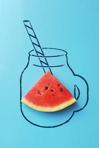 Photo sice of red, ripe watermelon in a painted glass on a blue background