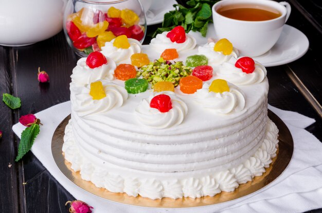 Sicilian cassata cake with candied fruits, pistachios and chocolate