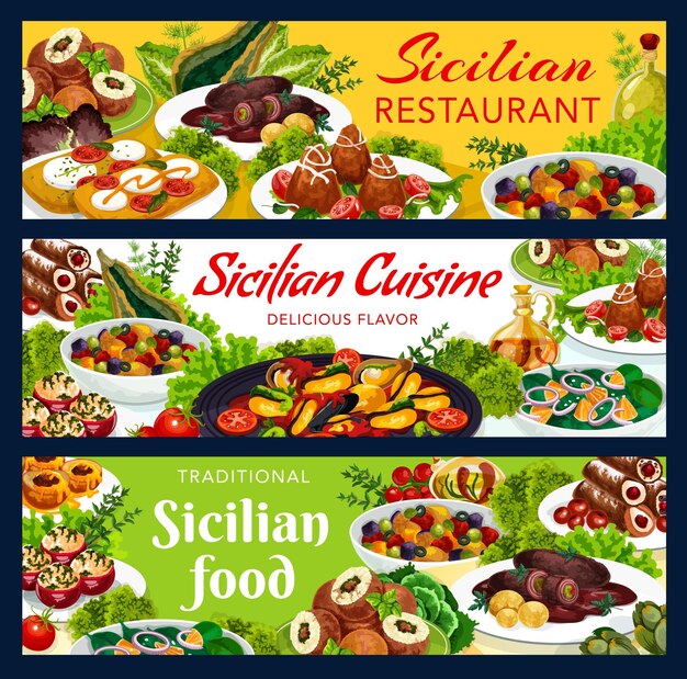 Sicilian food vector gourmet dishes banners set