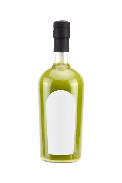 Foto mockup di bottiglia di crema di liquore al pistacchio siciliano con etichetta vuota isolata su bianco