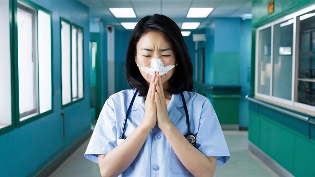 Sick asian female woman weather allergy sneeze and cough in hospital uniform health and illness ide