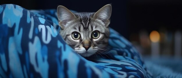 A sick cat lies on the couch wrapped in a blanket bengal cat with flu or cold symptoms being treated