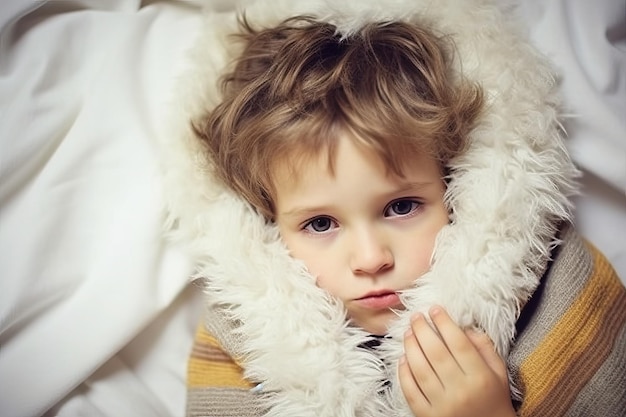 Sick Child with Fever Little Boy Under Blanket