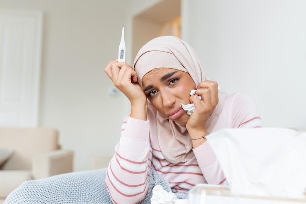 Giornata di malattia a casa giovane donna araba ha raffreddore che cola e comune tosse primo piano di una bella giovane donna con l'hijab preso raffreddore o malattia influenzale