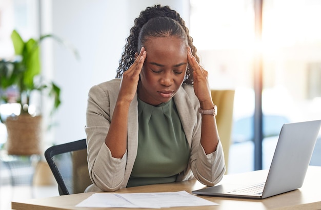 Sick headache and black woman with problem in office pain or stress from migraine Frustrated fatigue and African professional with business crisis fail emoji and debt bankruptcy and mistake