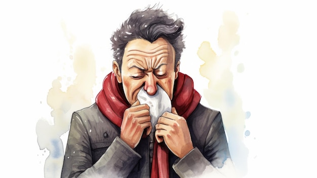 Sick man blowing his nose with handkerchief Sneezing Common Cold