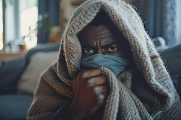 Photo sick man covered in warm blanket sitting on couch in living room sneezing nose with napkin generative ai