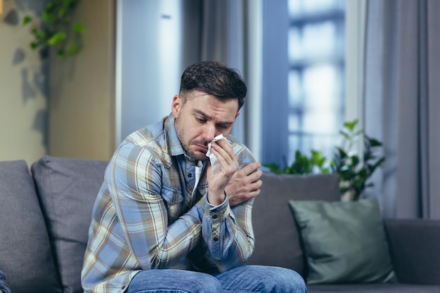 A sick man at home sitting on the couch has a cold cough and runny nose