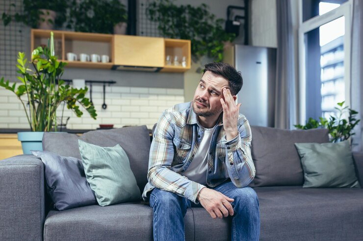 Photo the sick man is sitting alone at home on the couch has a severe headache