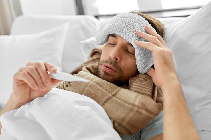 Photo sick man measuring temperature by thermometer