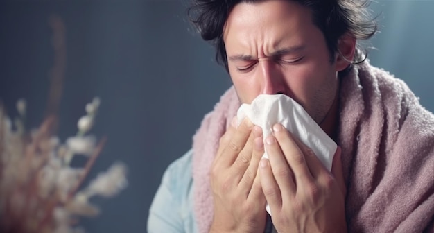写真 鼻水に苦しむ病気の男性がハンカチで鼻を拭く 冬季にインフルエンザが流行