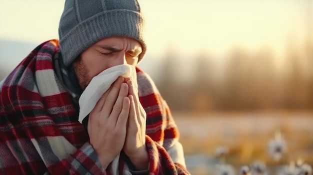 Фото Больной страдает насморком и вытирает нос носовым платком. эпидемия гриппа в зимний сезон