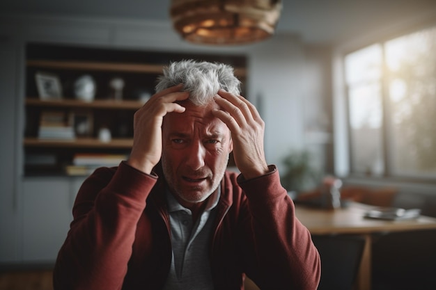 Photo sick old man having a headache in the living room during the daytime