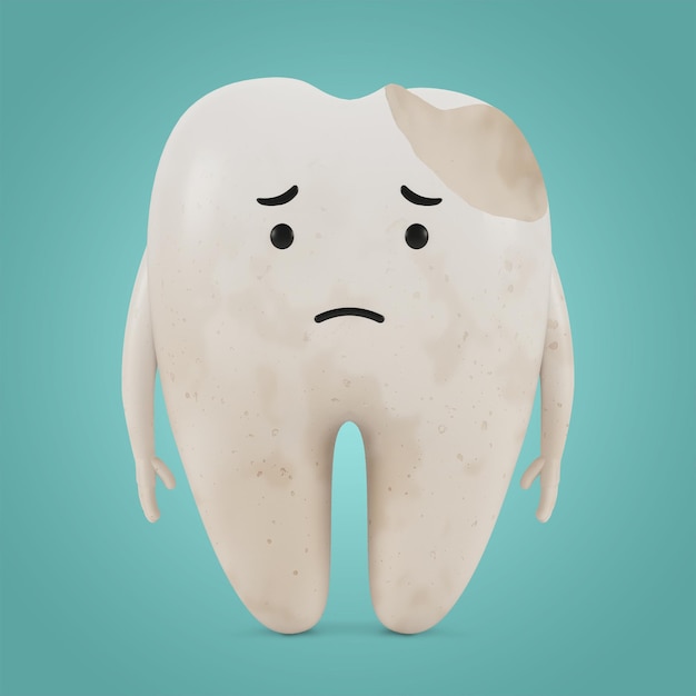 Photo sick tooth cartoon character. the concept of dental examination of teeth, dental health and hygiene. 3d illustration.