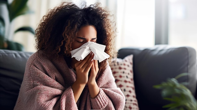 写真 寒い冬の日に鼻をかむ病気の女性