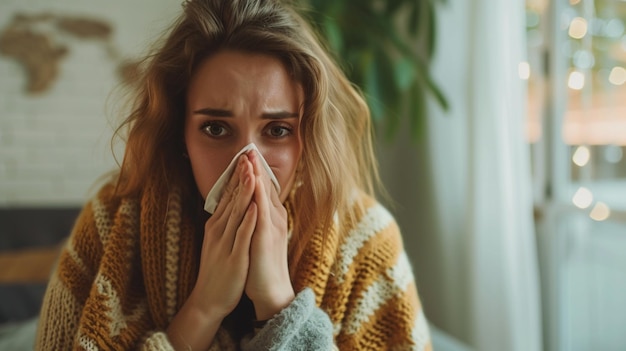 Sick woman blowing her nose