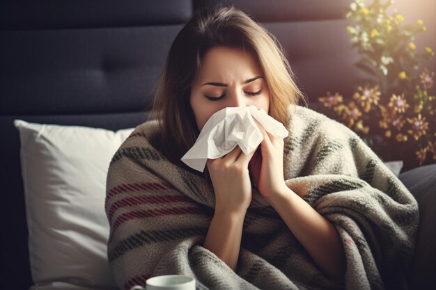 A sick woman blows her nose with a handkerchief in the living room