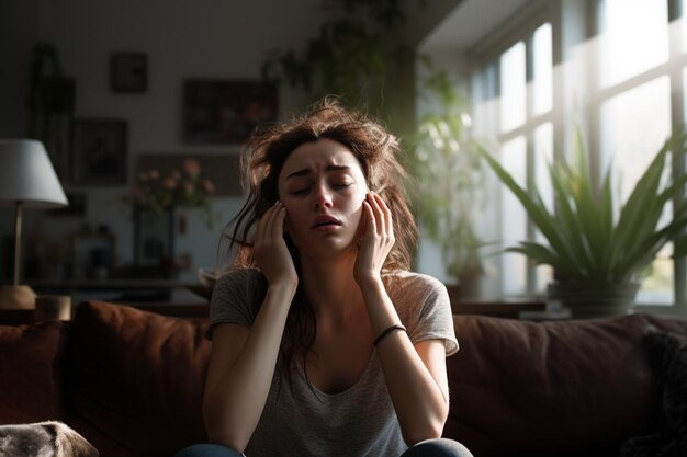 Foto donna malata che ha mal di testa in soggiorno durante il giorno