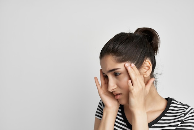 sick woman headache painful syndrome discomfort isolated background high quality photo