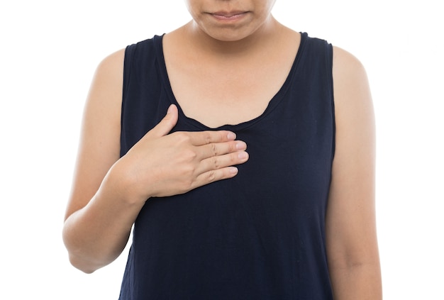 酸逆流、白い背景で胸焼けを患っている女性と病気の女性