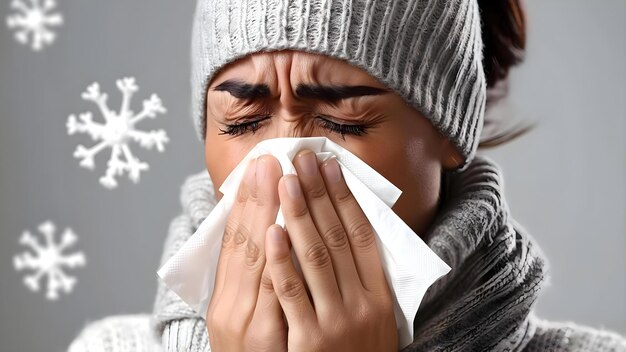 Foto donna malata con l'influenza che usa il fazzoletto per soffiare il naso e starnutire nel tovagliolo concetto salute influenza malattia stornuto dei tessuti
