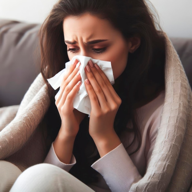 Sick young woman sitting under the blanket on sofa and sneeze with tissue paper at home ai generative